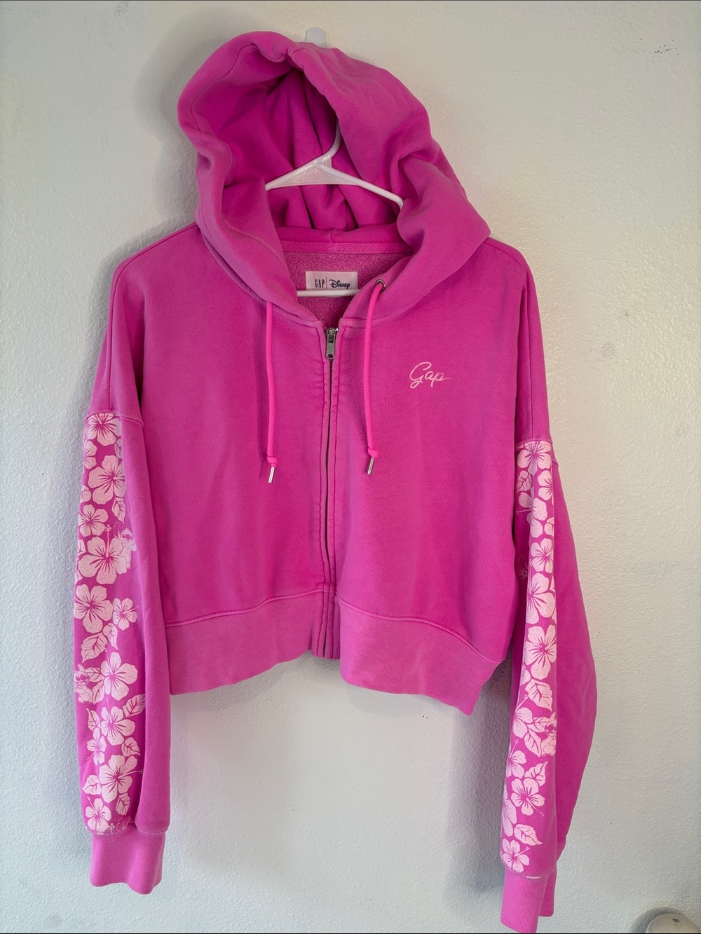 GAP Disney Hot Pink Zip-Up Hoodie with White Floral Sleeve Accents -451sku